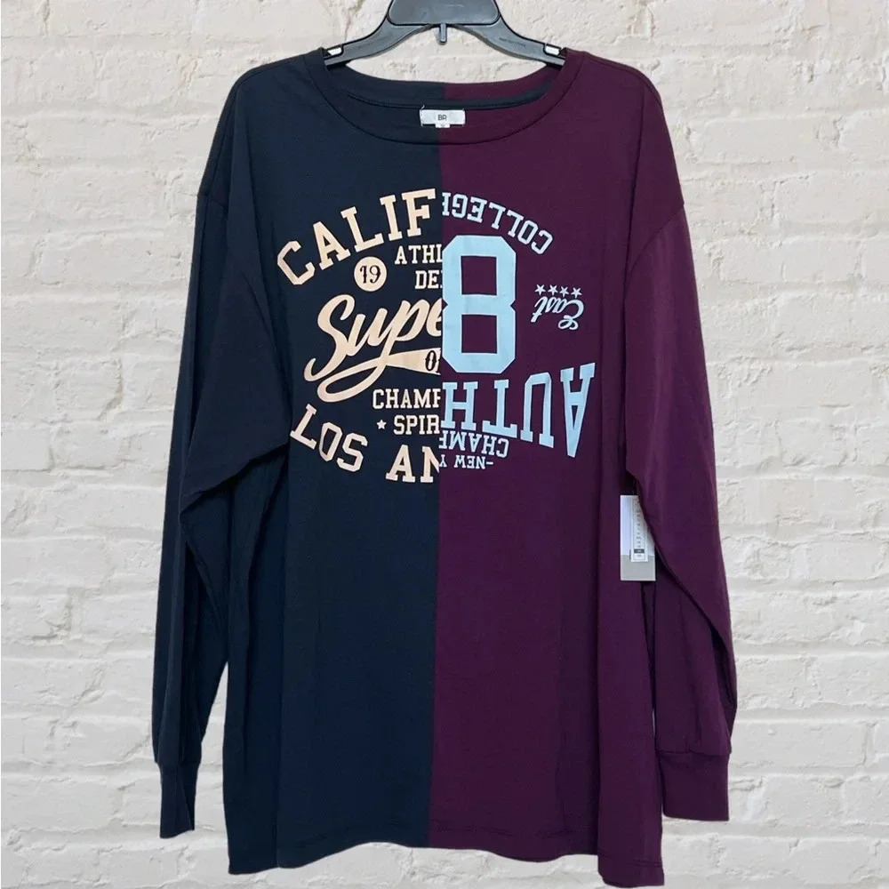 New BP Split Long Sleeve Graphic T Shirt Navy Purple Redone Sport Womens 3X